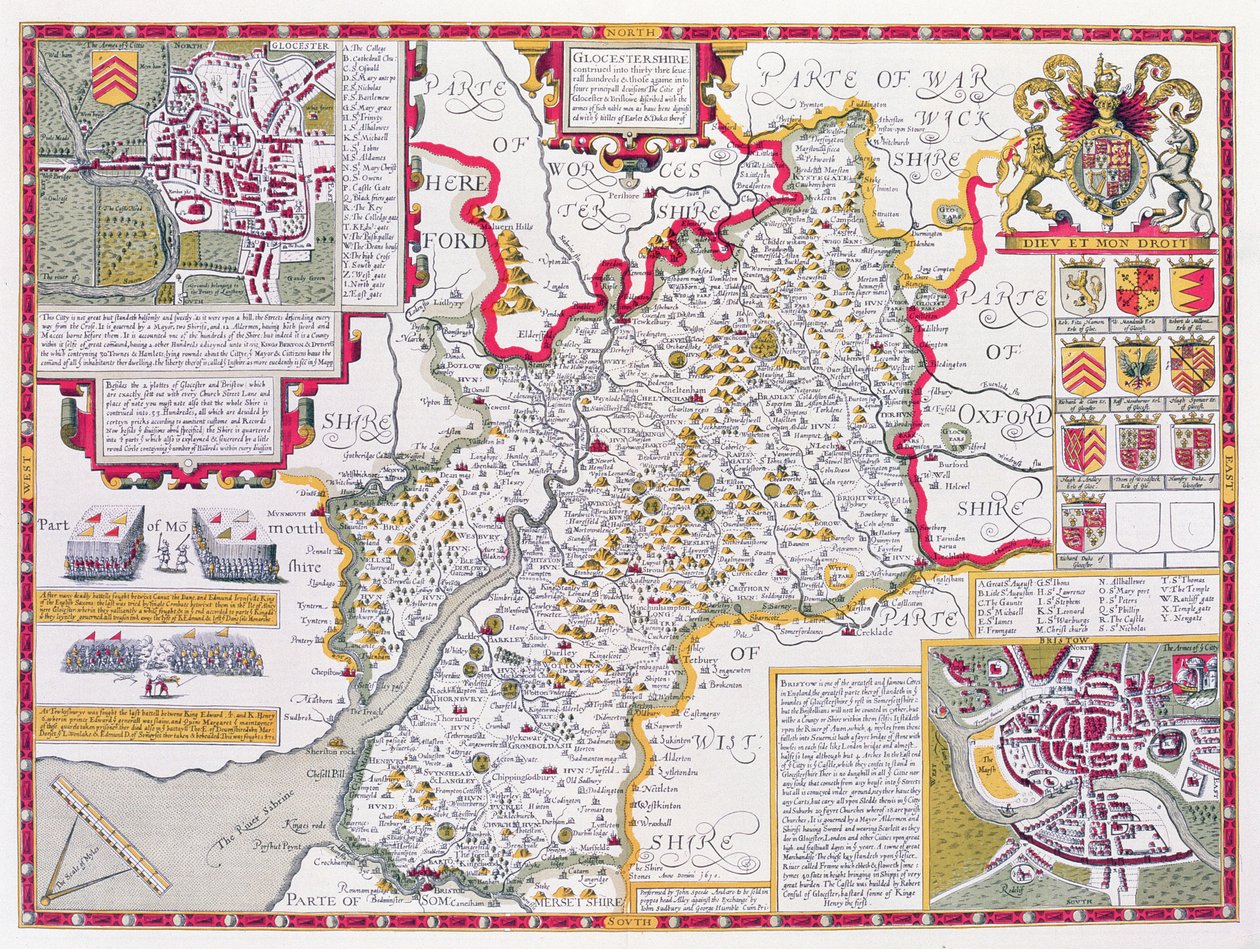 格洛斯特郡，由John Speed的“英国帝国剧院”的Jodocus Hondius（1563-1612）雕刻，酒吧。作者：John Sudbury和George Humble，1611-12（手工彩色铜版画） 作者 约翰·斯皮德