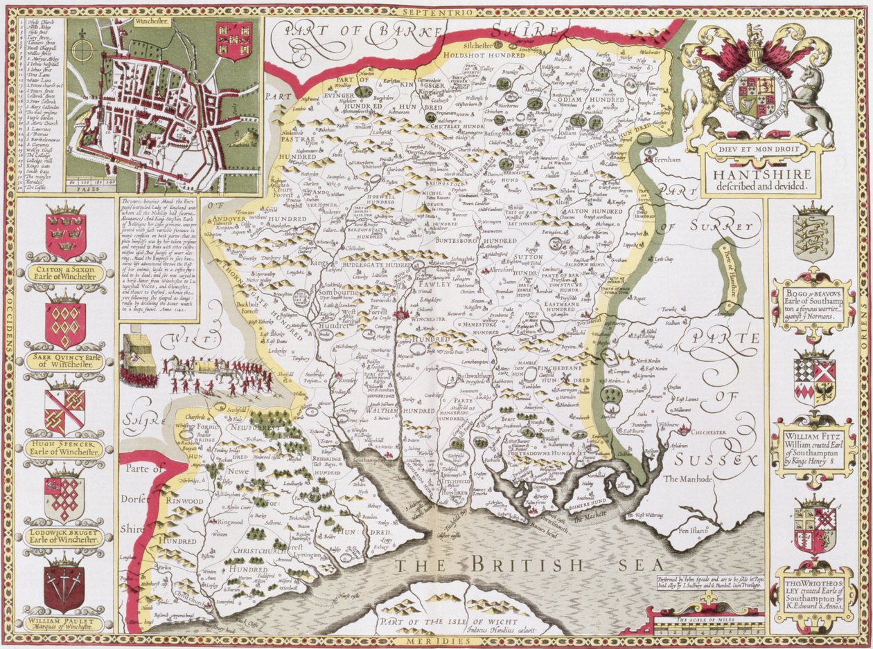 Hantshire，由John Speed的“英国帝国剧院”的Jodocus Hondius（1563-1612）雕刻而成。作者：John Sudbury和George Humble，1611-12（手工彩色铜版画） 作者 约翰·斯皮德