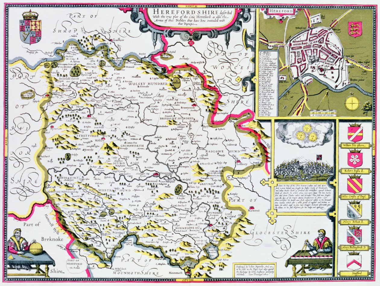 赫里福德郡，由John Speed的“英国帝国剧院”的Jodocus Hondius（1563-1612）雕刻，酒吧。作者：John Sudbury和George Humble，1611-12（手工彩色铜版画） 作者 约翰·斯皮德