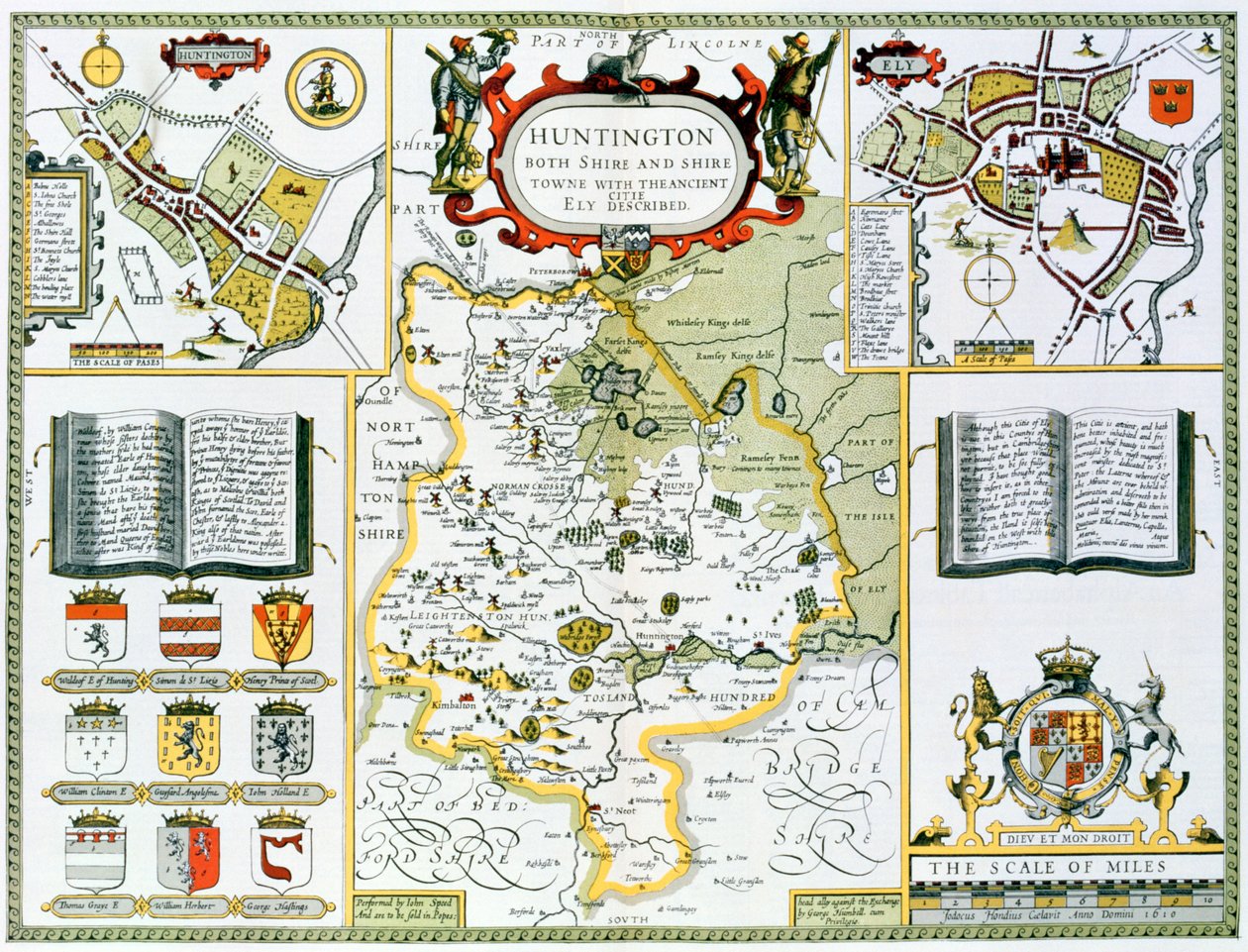 亨廷顿，由John Speed的“英国帝国剧院”中的Jodocus Hondius（1563-1612）雕刻，酒吧。作者：John Sudbury和George Humble，1611-12（手工彩色铜版画） 作者 约翰·斯皮德