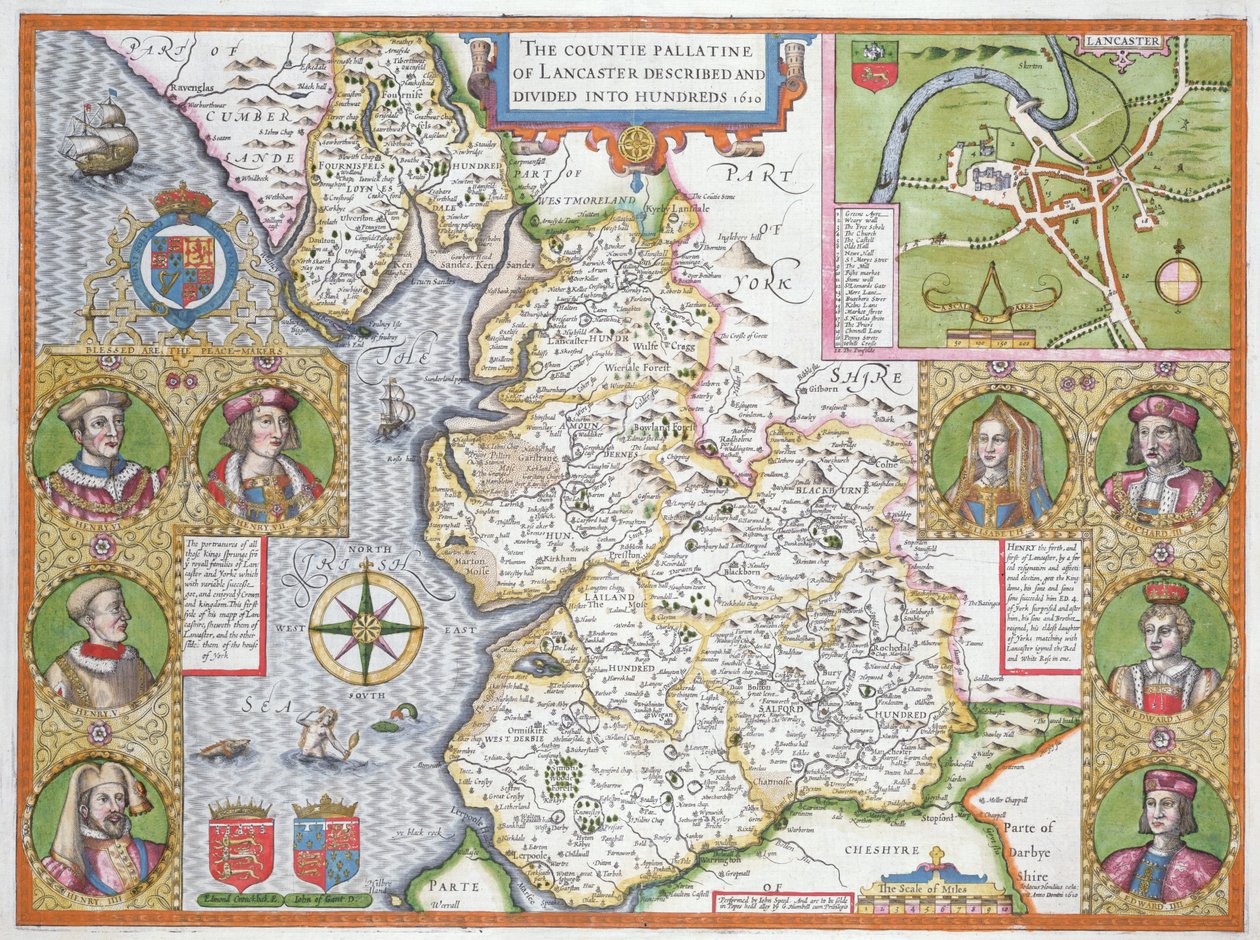 兰开夏郡于1610年，来自John Speed的“Great Britaine帝国剧院”，第一版，酒吧。 1611-12（手工彩色铜版画） 作者 约翰·斯皮德