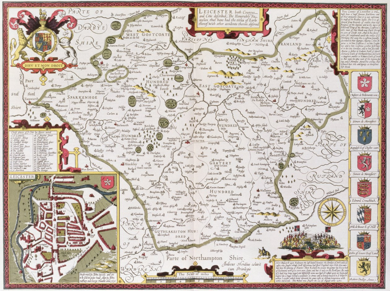 莱斯特，由John Speed的“英国帝国剧院”中的Jodocus Hondius（1563-1612）雕刻而成。作者：John Sudbury和George Humble，1611-12（手工彩色铜版画） 作者 约翰·斯皮德