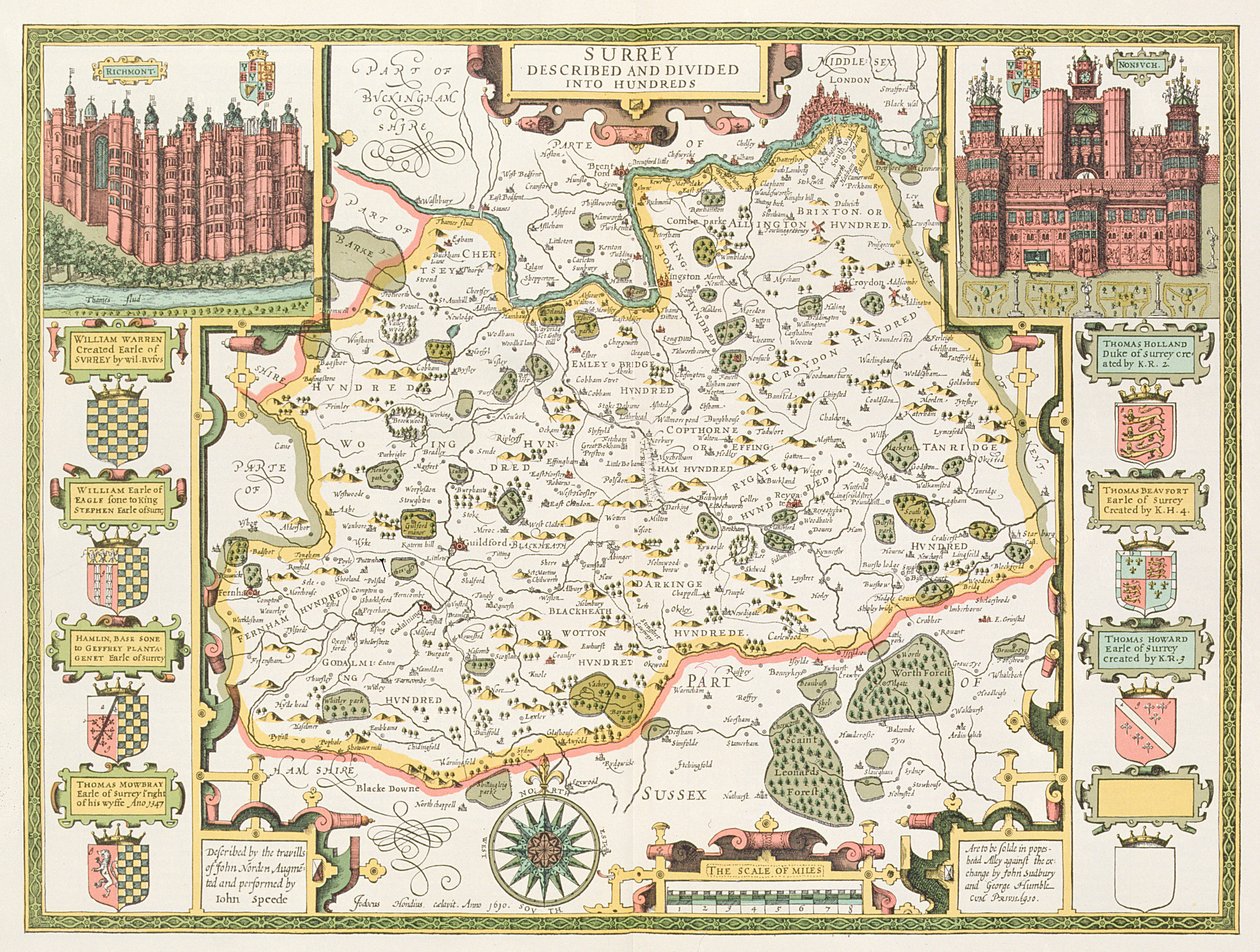 萨里地图，由Jodocus Hondius（1563-1612）雕刻，来自John Speed的英国帝国剧院，酒吧。作者：John Sudbury和George Humble，1611-12（手工彩色铜版画） 作者 约翰·斯皮德