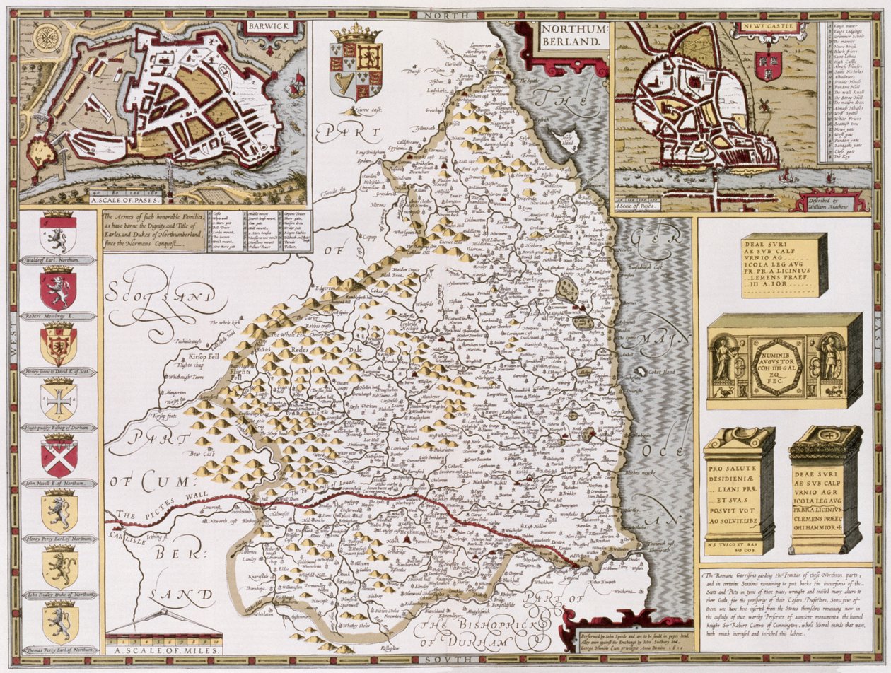 诺森伯兰郡，由John Speed的“英国帝国剧院”的Jodocus Hondius（1563-1612）雕刻，酒吧。作者：John Sudbury和George Humble，1611-12（手工彩色铜版画） 作者 约翰·斯皮德