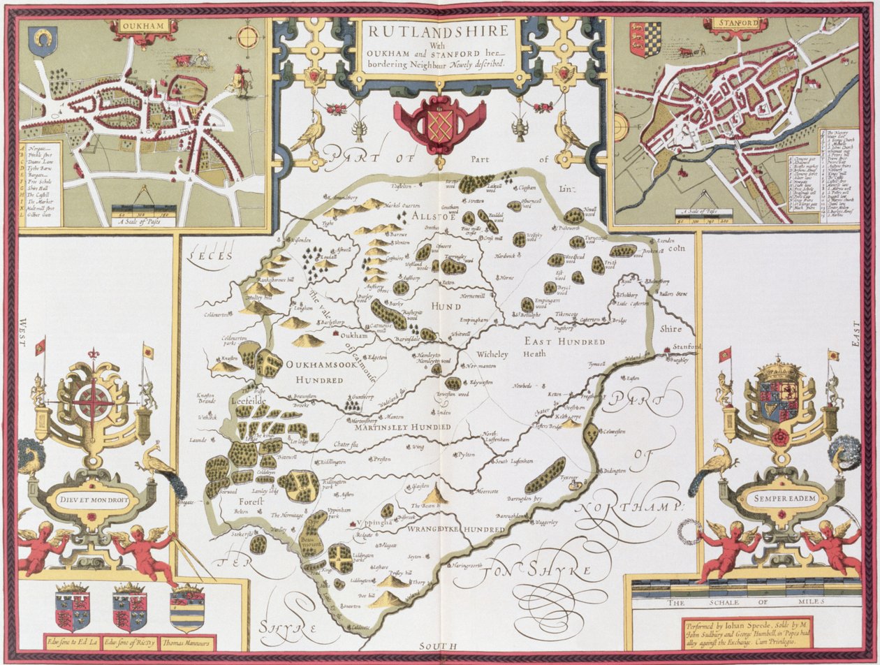 Rutlandshire与Oukham和Stanford，由John Speed的“英国帝国剧院”的Jodocus Hondius（1563-1612）雕刻，酒吧。作者：John Sudbury和George Humble，1611-12（手工制作 作者 约翰·斯皮德