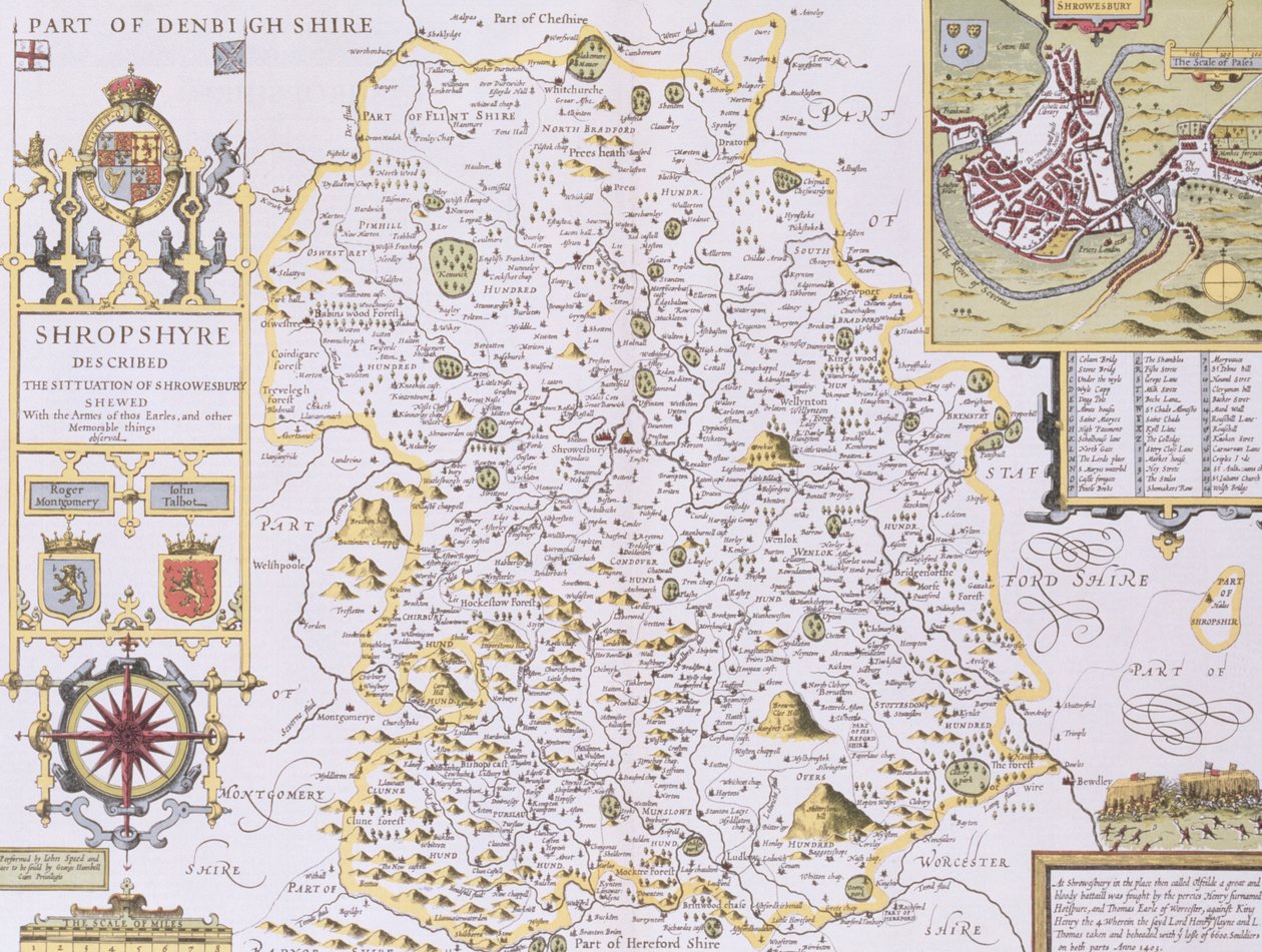 Shropshyre，由John Speed的“英国帝国剧院”的Jodocus Hondius（1563-1612）雕刻，酒吧。作者：John Sudbury和George Humble，1611-12（手工彩色铜版画） 作者 约翰·斯皮德