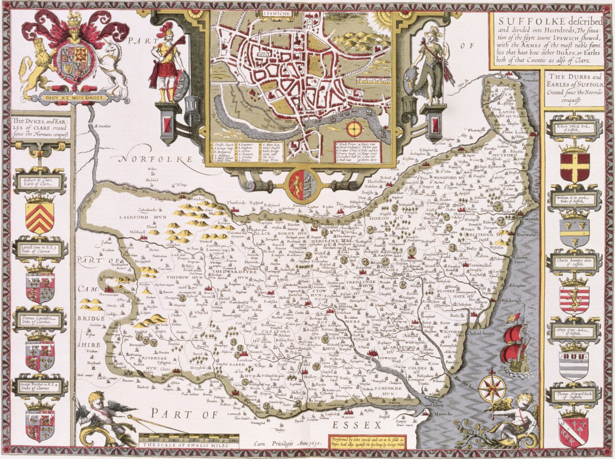 萨福克和伊普斯维奇的情况，由John Speed的“英国帝国剧院”的Jodocus Hondius（1563-1612）雕刻，酒吧。约翰·萨德伯里和乔治·汉布尔，1611-12（手工上色 作者 约翰·斯皮德