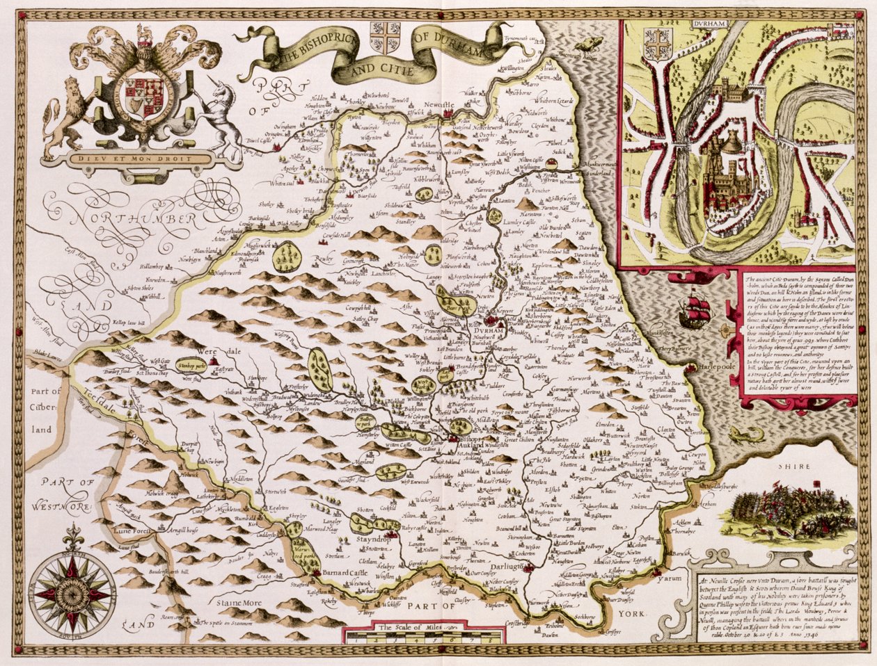 Bishoprick和达勒姆市，由John Speed的“英国帝国剧院”的Jodocus Hondius（1563-1612）雕刻，酒吧。作者：John Sudbury和George Humble，1611-12（手工彩色公司） 作者 约翰·斯皮德