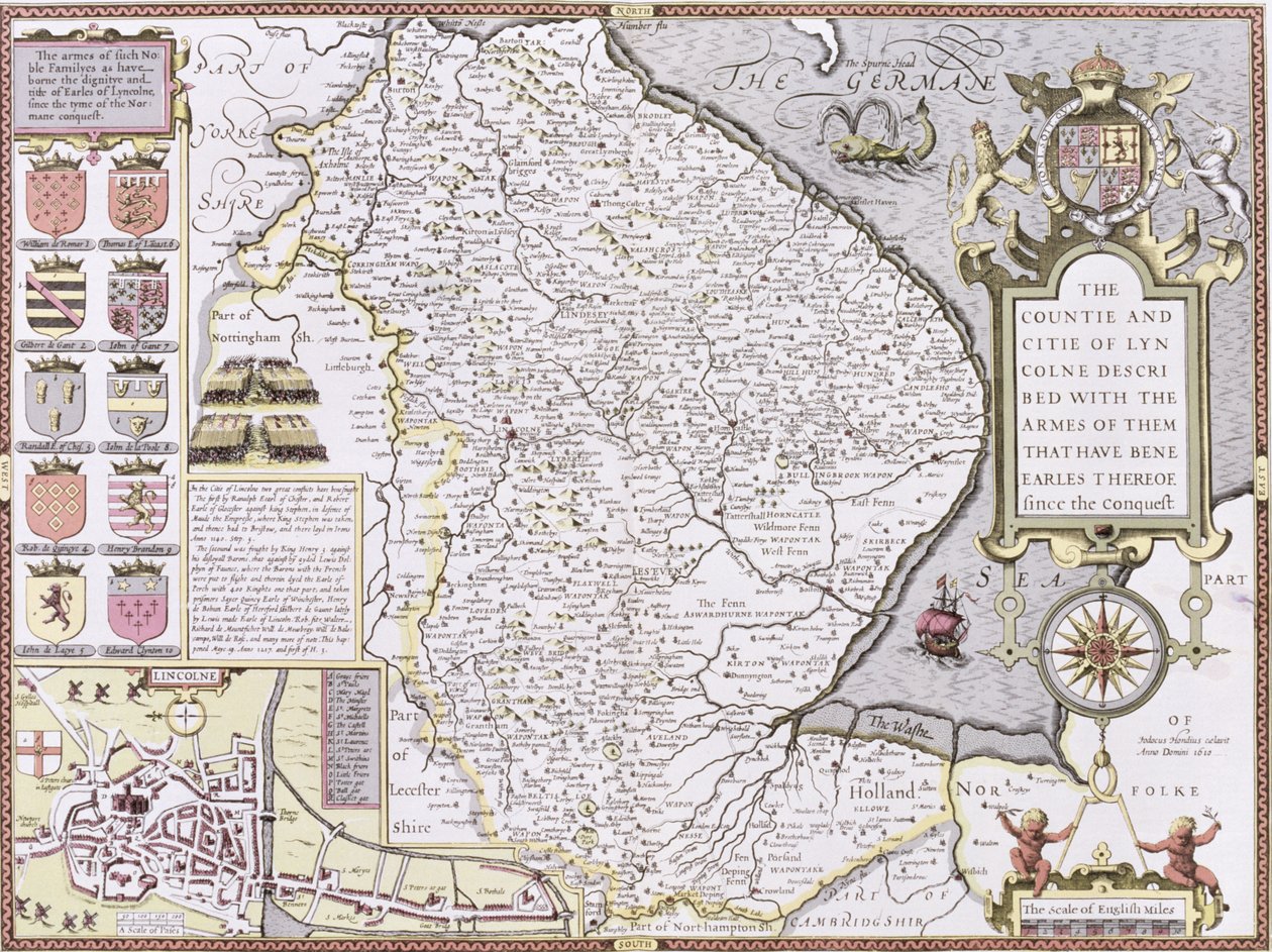 Lyncolne的Countie和Citie，由John Speed的“英国帝国剧院”的Jodocus Hondius（1563-1612）镌刻，酒吧。作者：John Sudbury和George Humble，1611-12（手工彩色公司） 作者 约翰·斯皮德