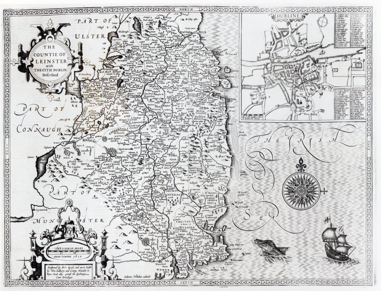 伦斯特郡与都柏林市描述，由Jodocus Hondius（1563-1612）雕刻，来自“英国帝国剧院”，酒吧。作者：John Sudbury和George Humble，1611-12（版画 作者 约翰·斯皮德
