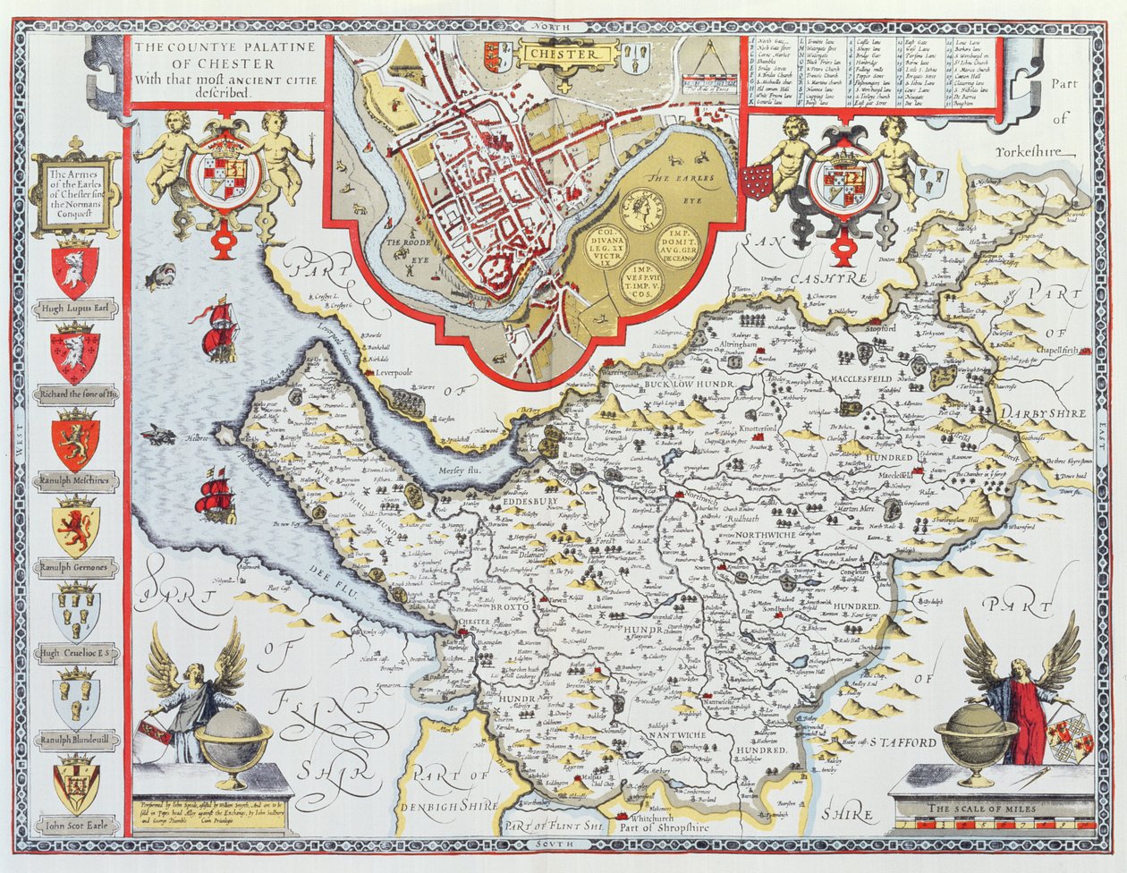 切斯特的Countye Palatine，由John Speed的“英国帝国剧院”的Jodocus Hondius（1563-1612）雕刻而成。约翰·萨德伯里和乔治·汉布尔，1611-12（手工彩色的copp 作者 约翰·斯皮德