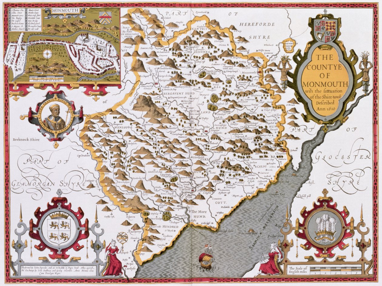 Monmouth的Countye，由John Speed的“英国帝国剧院”中的Jodocus Hondius（1563-1612）雕刻而成。作者：John Sudbury和George Humble，1611-12（手工彩色铜版画 作者 约翰·斯皮德