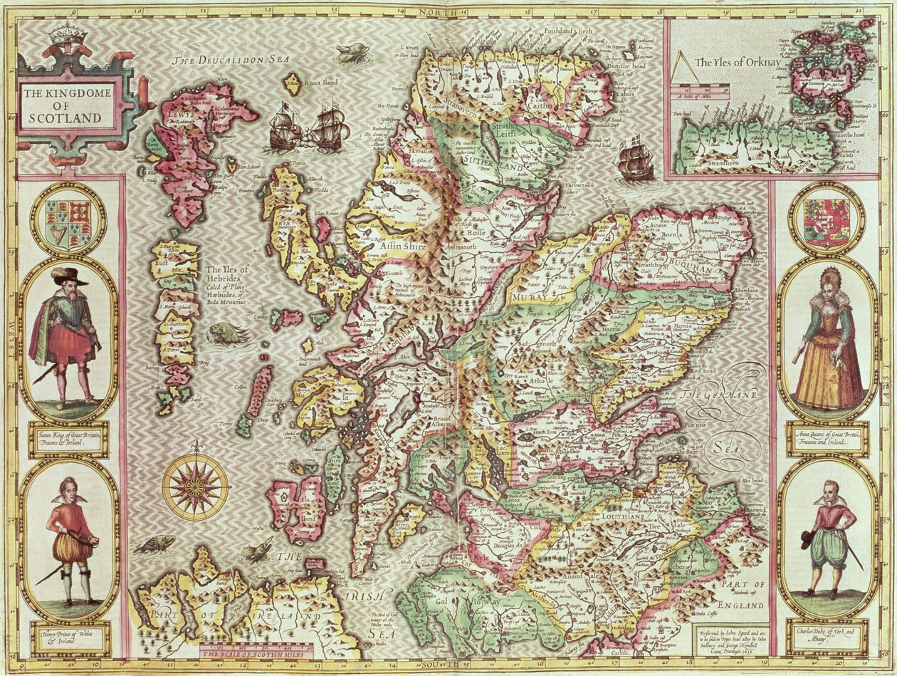 苏格兰的Kingdome，由Jodocus Hondius（1563-1612）在“英国帝国剧院”中雕刻，酒吧。作者：John Sudbury和George Humble，1611-12（手工彩色铜版画） 作者 约翰·斯皮德