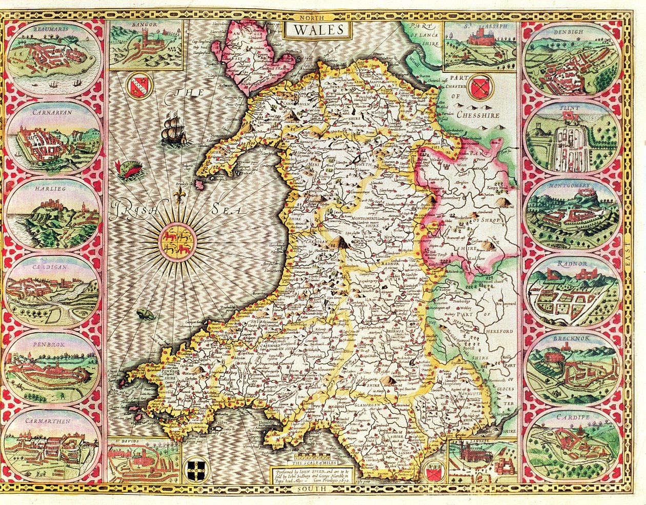 威尔士，由John Speed的“英国帝国剧院”的Jodocus Hondius（1563-1612）镌刻，由John Sudbury和George Humble出版，1611-12（手工彩色铜版画） 作者 约翰·斯皮德