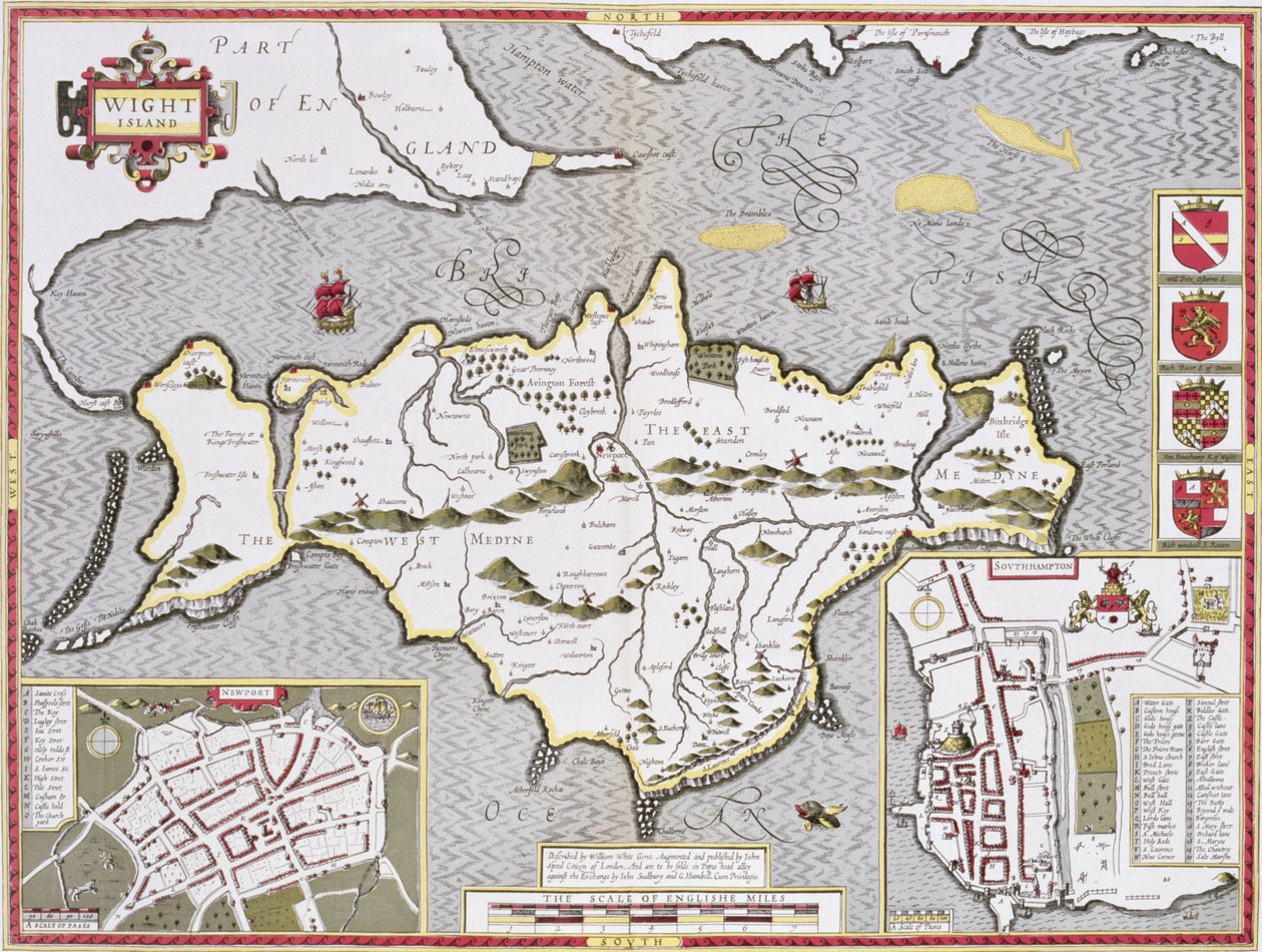 怀特岛，由John Speed的“英国帝国剧院”中的Jodocus Hondius（1563-1612）雕刻，酒吧。作者：John Sudbury和George Humble，1611-12（手工彩色铜版画） 作者 约翰·斯皮德