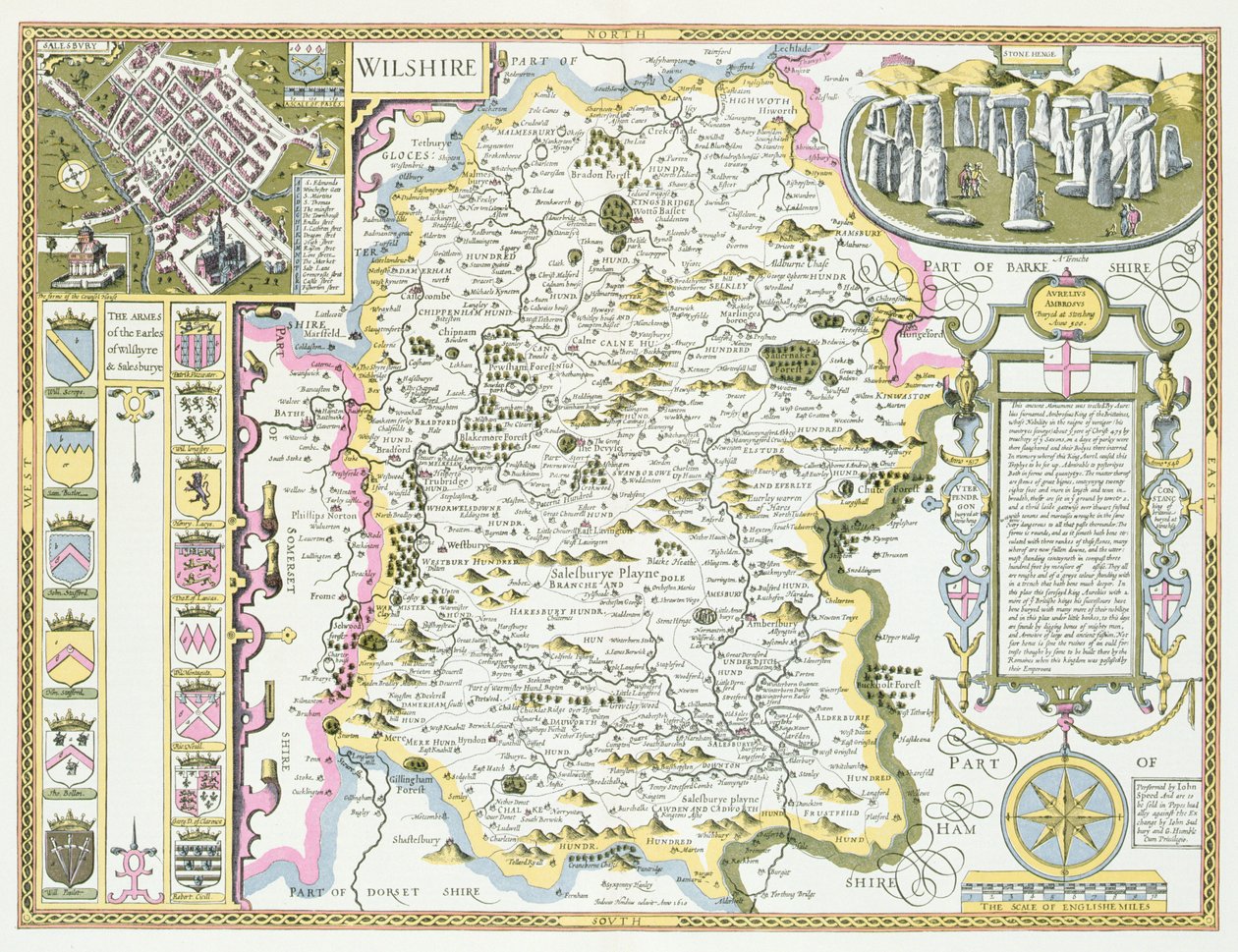 威尔特郡，由Jodocus Hondius（1563-1612）雕刻，来自英国帝国的John Speed剧院，酒吧。作者：John Sudbury和George Humble，1611-12（手工彩色铜版画） 作者 约翰·斯皮德