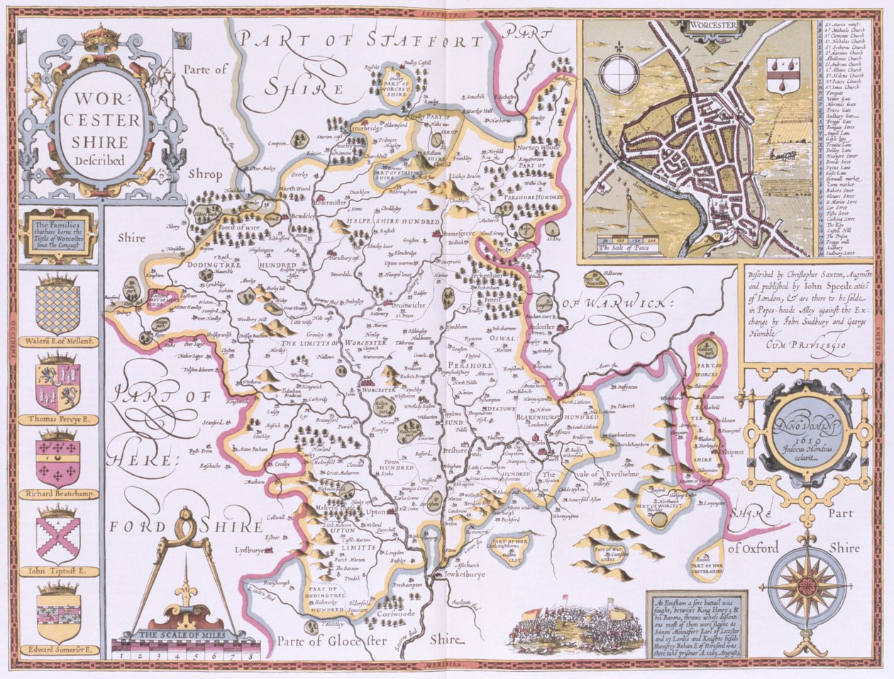 Worchestershire，由John Speed的“英国帝国剧院”的Jodocus Hondius（1563-1612）镌刻，酒吧。作者：约翰·萨德伯里和乔治·汉布尔1611-12（手工彩色铜版画） 作者 约翰·斯皮德