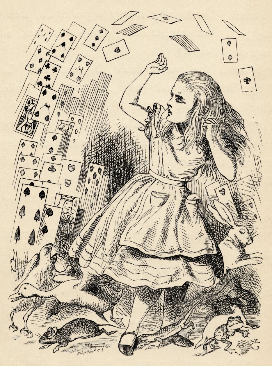 爱丽丝和一包卡片，来自刘易斯卡罗尔的“爱丽丝梦游仙境”，于1891年出版 作者 约翰·坦尼尔