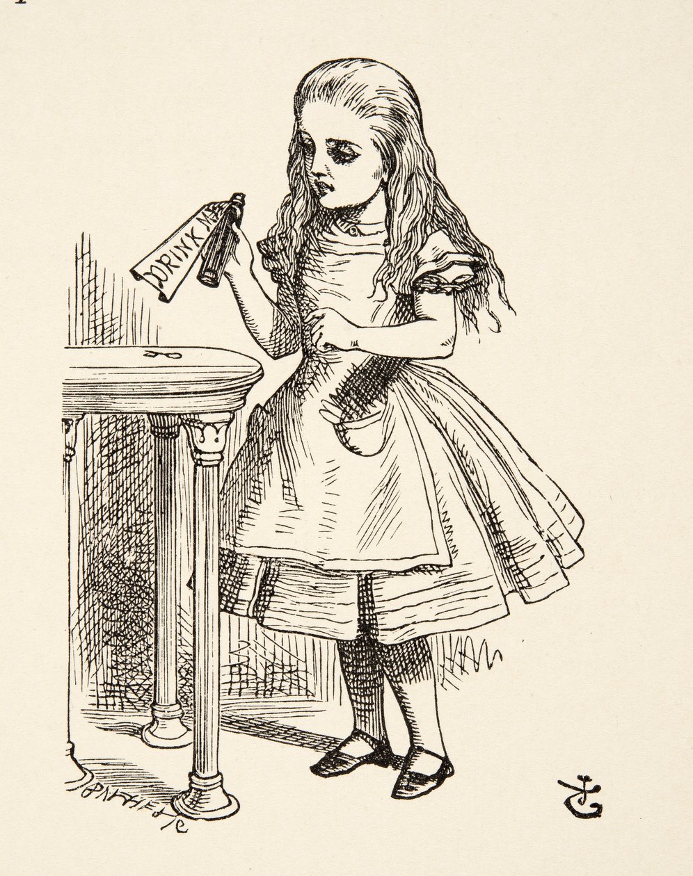爱丽丝盯着Drink Me瓶子，来自刘易斯卡罗尔（1832  -  98年），酒吧的Alices Adventures in Wonderland。 1891年 作者 约翰·坦尼尔