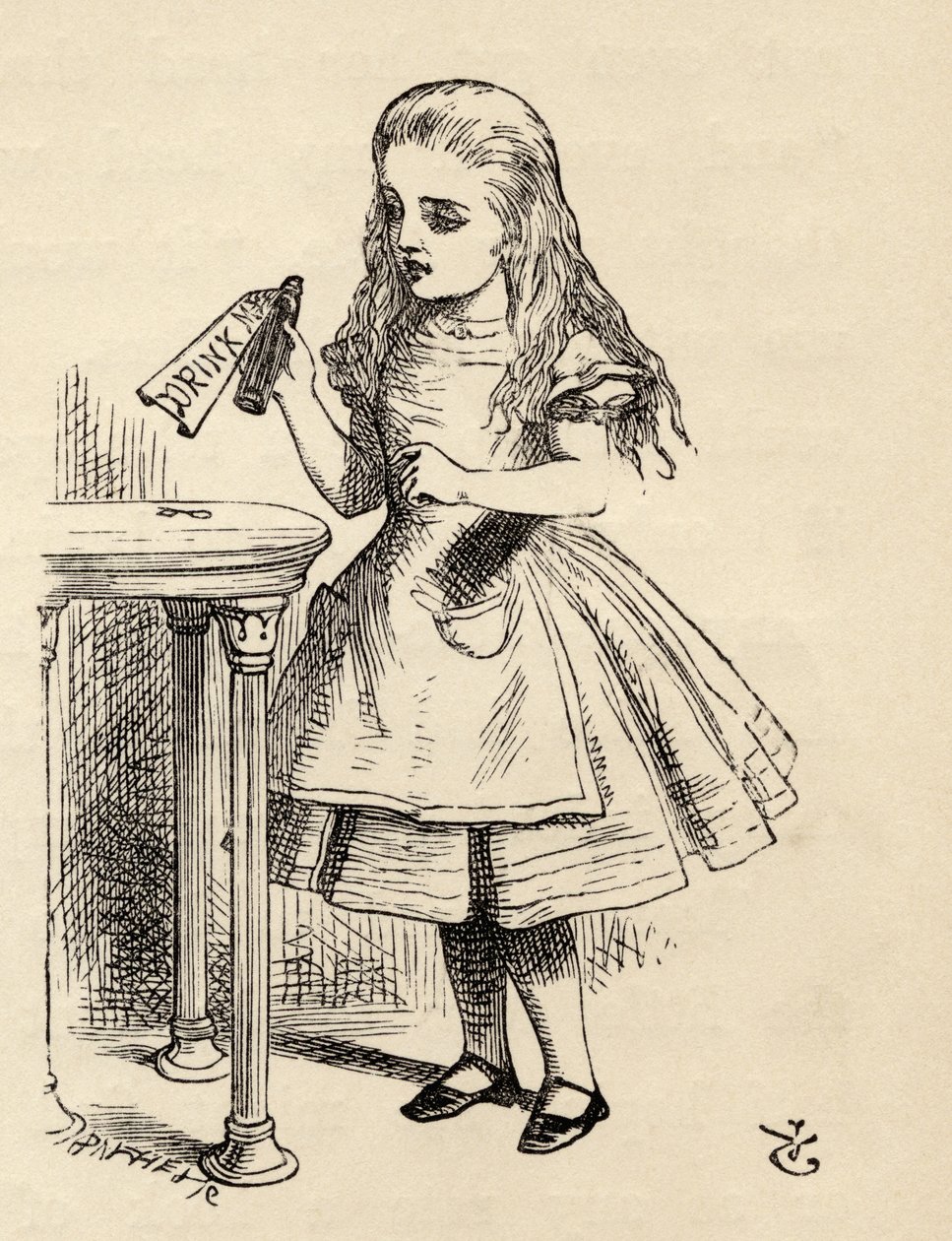 爱丽丝在1891年出版的路易斯·卡罗尔（Lewis Carroll）的“爱丽丝梦游仙境”（Alice&39;s Adventures in Wonderland）中窥视着我的饮料瓶 作者 约翰·坦尼尔