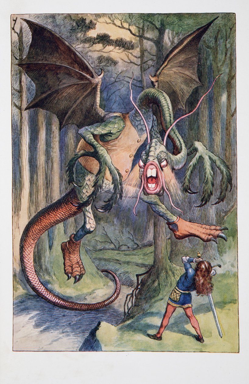 带着火焰眼睛的Jaberwock穿过Tulgey Wood，Alices Adventures In Wonderland，透过镜子和爱丽丝在那里找到的东西，来自Lewis Carroll（1832  -  98），publis 作者 约翰·坦尼尔