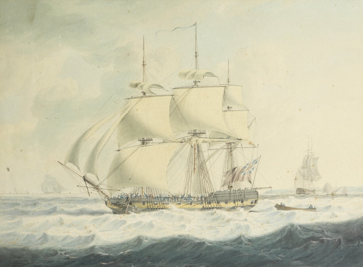 HMS Thisbe在波涛汹涌的条件下沿着航道减速航行，附近有其他航运 作者 约翰·托马斯·塞雷斯