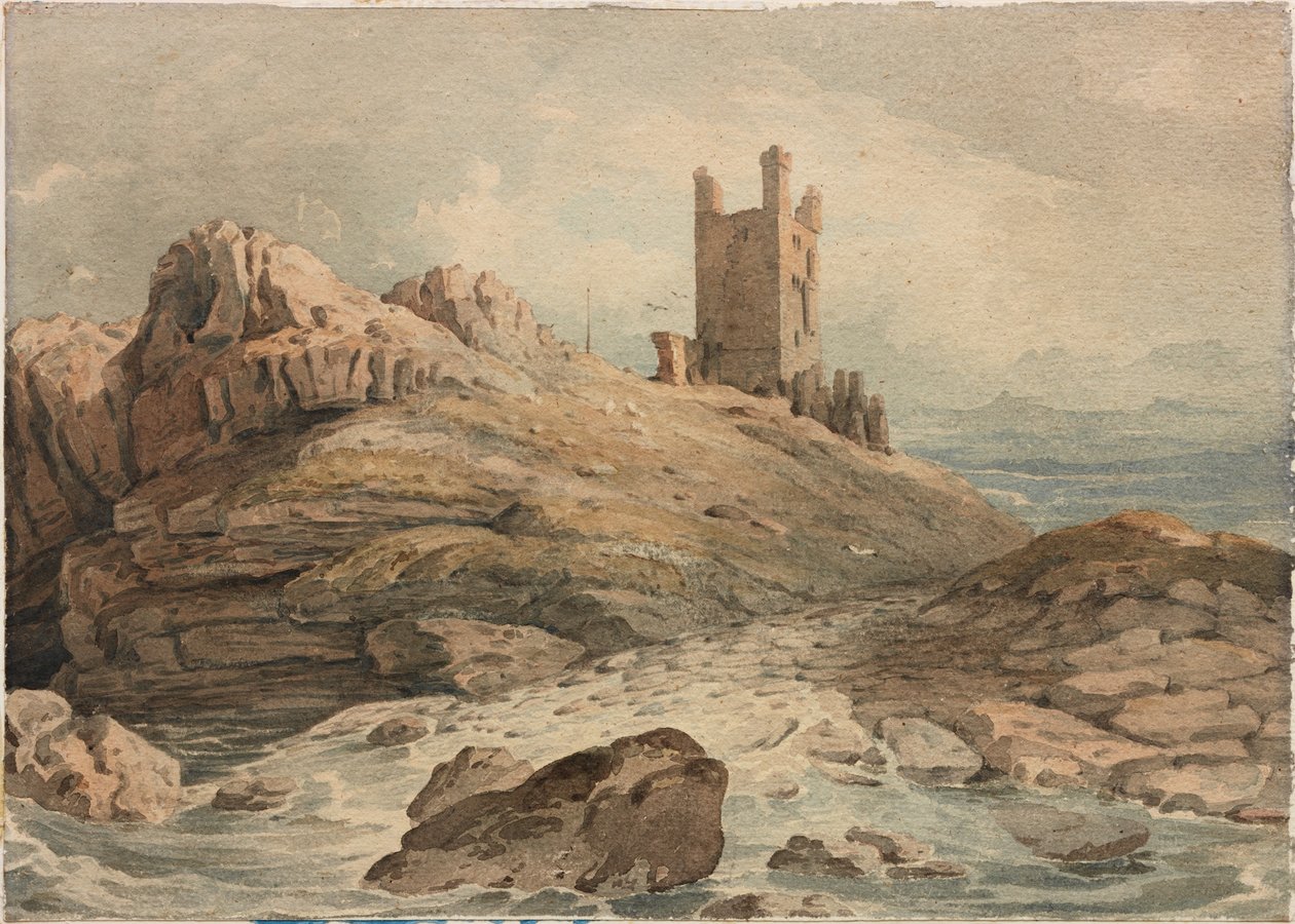 Dunstanburgh城堡（纸上的铅笔和水彩画（船上）） 作者 约翰·瓦利