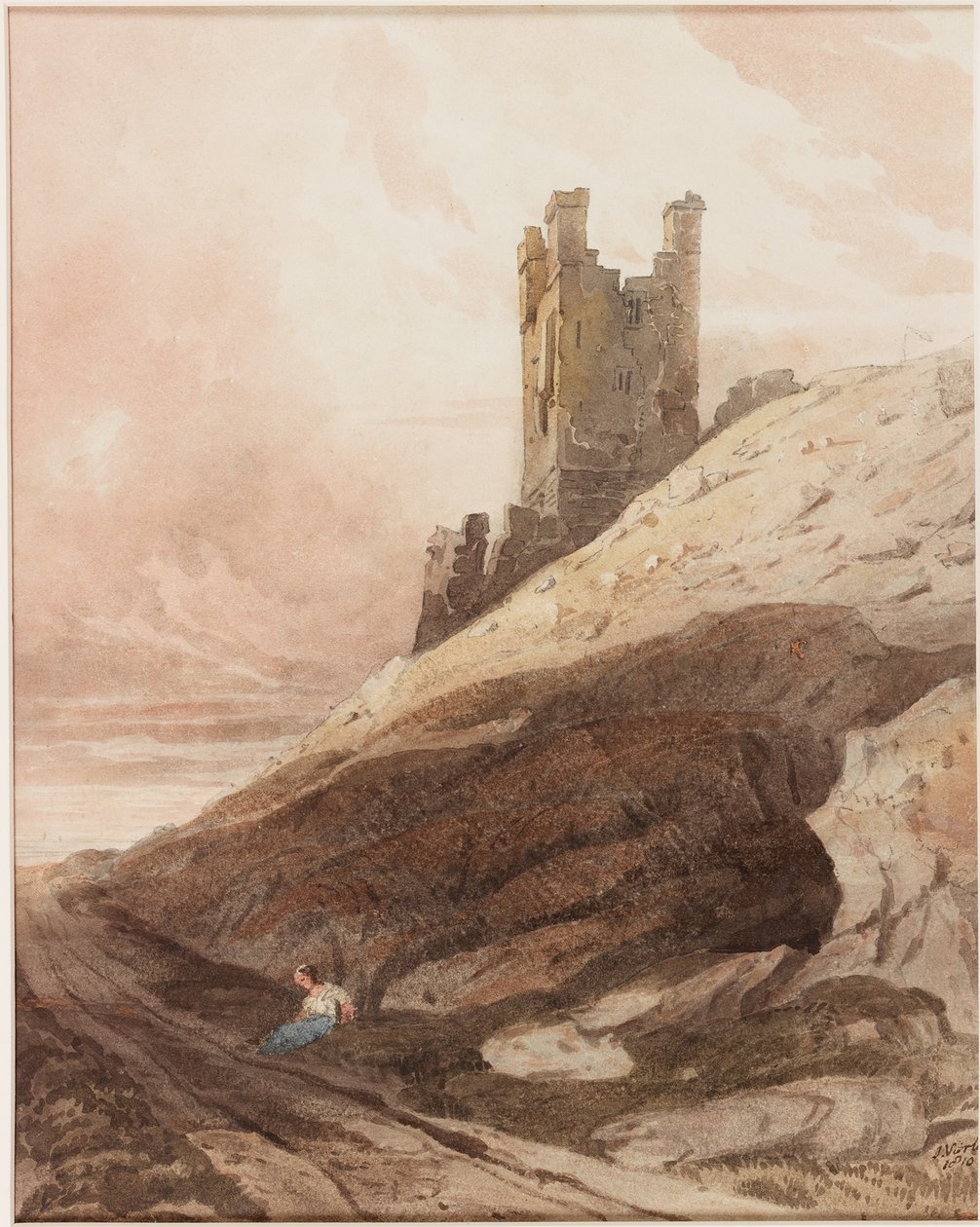 Lumbburn Tower，Dunstanburgh城堡（铅笔和水彩纸（粘贴在船上）） 作者 约翰·瓦利