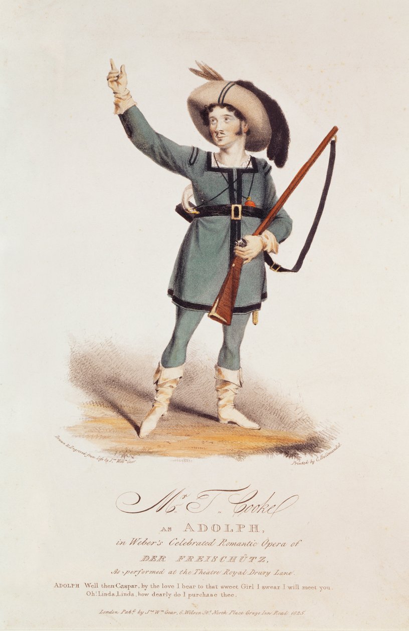 托马斯·辛普森库克（1782-1848）作为阿道夫在韦伯的&39;Der Freischutz&39;，1825年（彩色光刻） 作者 约翰·吉尔