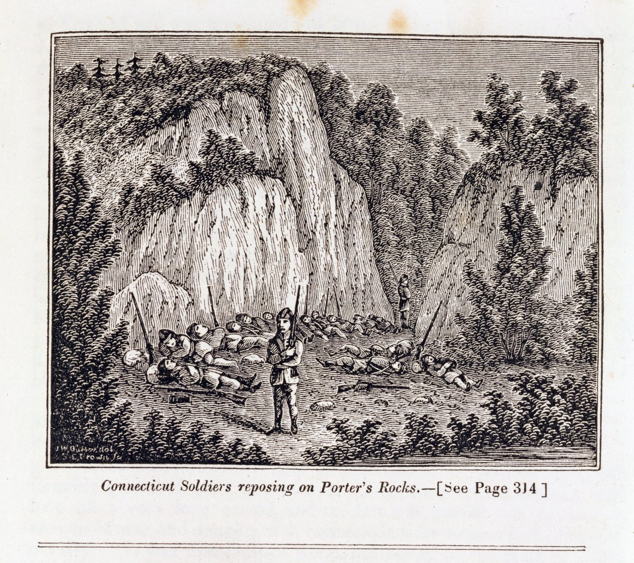 康涅狄格州士兵在攻击Pequot Fort之前寄往Porter&39;s Rock，来自&39;康涅狄格历史收藏&39;，John Warner Barber，由SE Brown雕刻，1856年 作者 约翰·华纳·巴伯