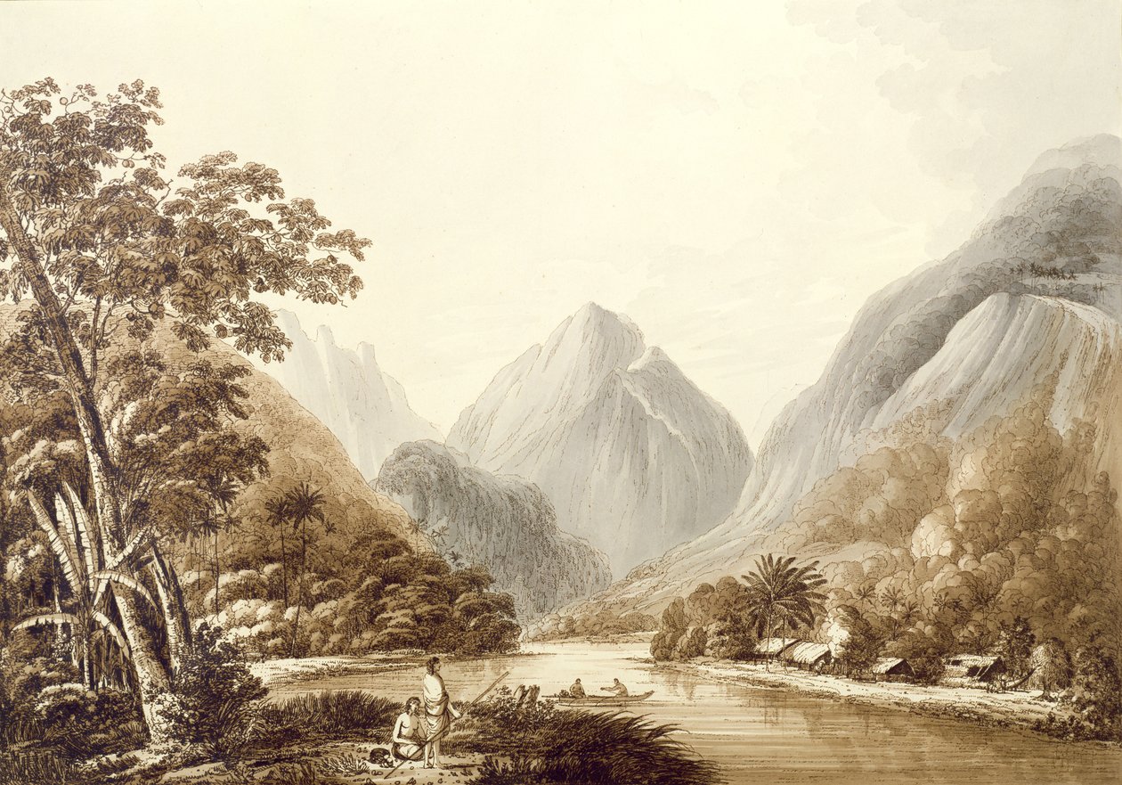 位于Otaheite岛的Oheitepeha湾的景色，来自“南海的景色”，酒吧。 1791年 作者 约翰·韦伯