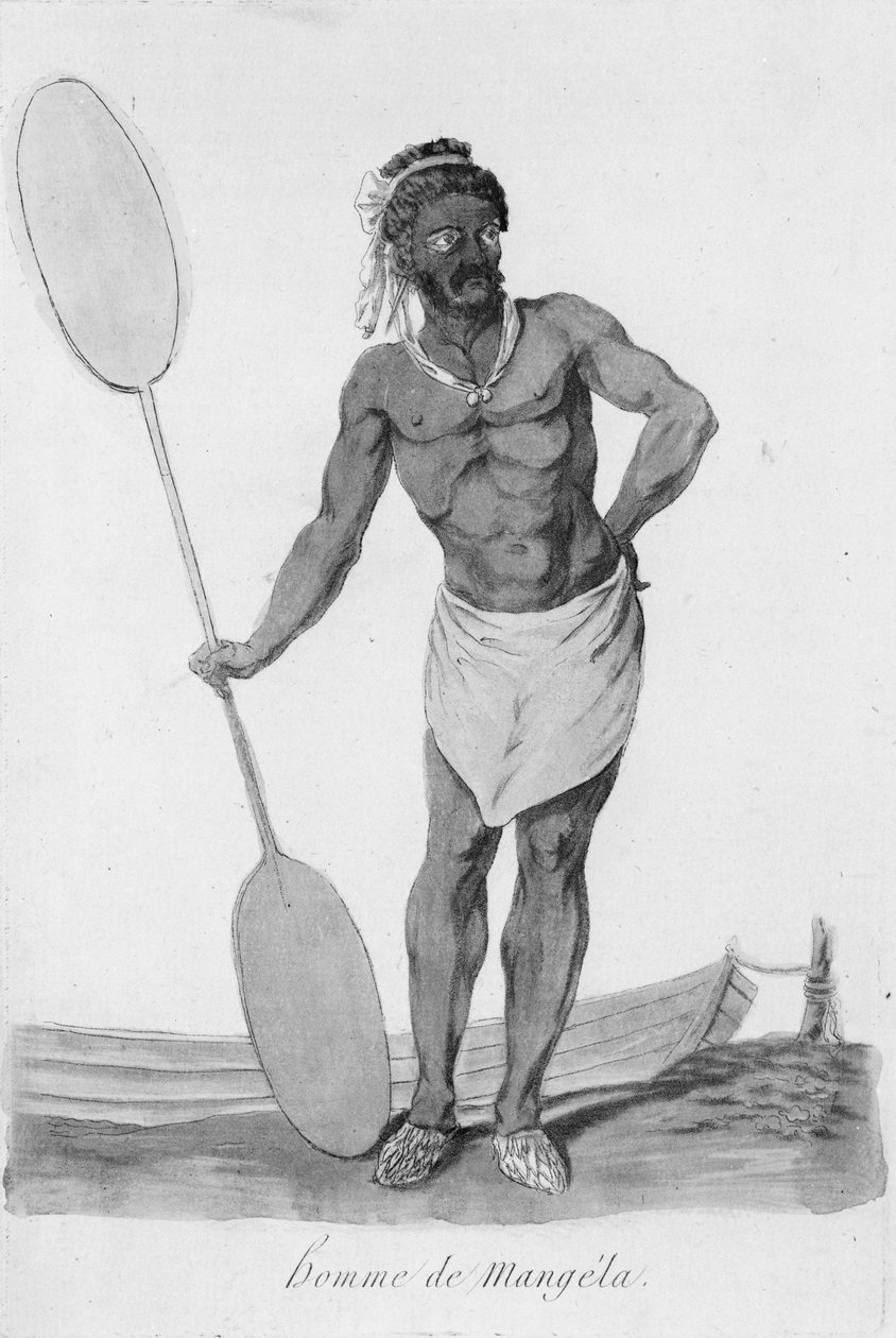 Mangaia，库克群岛的一个人的常设画象，拿着在他的右手的一支桨 作者 约翰·韦伯