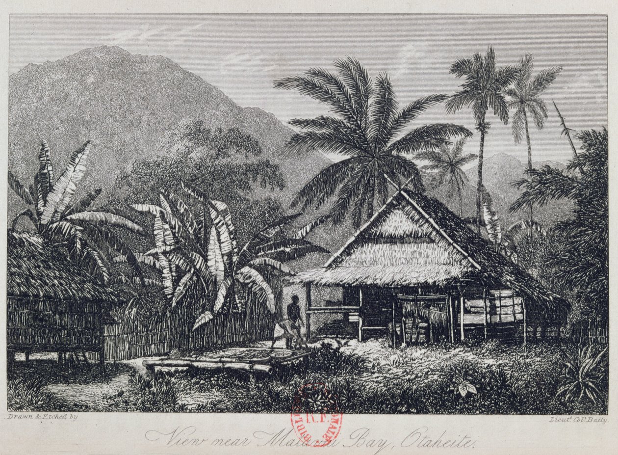 查看由Otaheite Matavai Bay附近，由Batty中校雕刻，来自John Barrow的HMS Bounty航行记录，1835年 作者 约翰·韦伯
