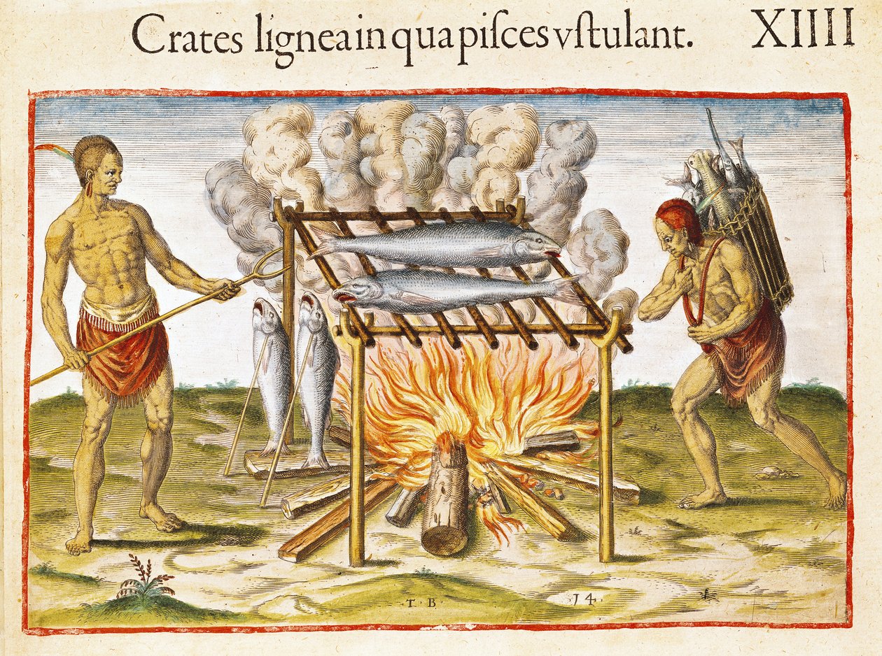 烹饪鱼，来自&39;Admiranda Narratio ......&39;，由Theodore de Bry（1528-98）雕刻1585-88 作者 约翰怀特