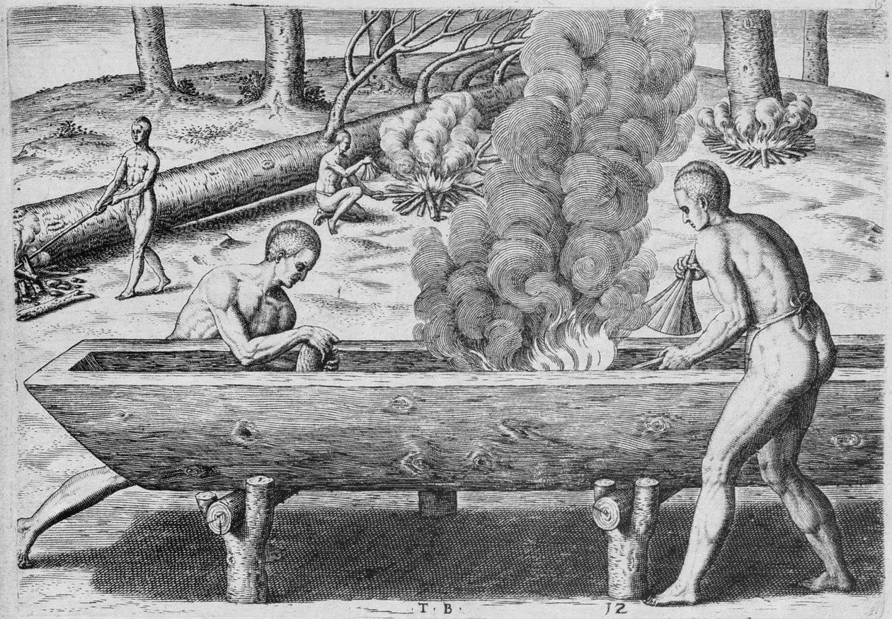 印第安人制作独木舟，来自&39;Admiranda Narratio&39;，由Theodor de Bry（1528-1598）1590刻 作者 约翰怀特