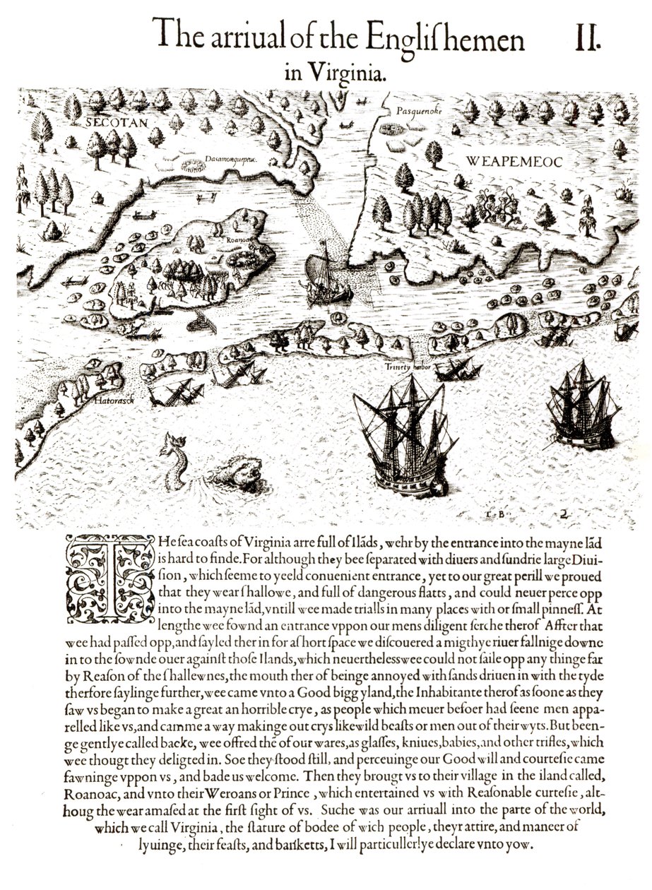 英国人在弗吉尼亚州的到来，由托马斯·哈里奥特（1560-1621）的“弗吉尼亚新发现的土地的简要和真实的报告”，由Theodore de Bry，酒吧刻。 1590年（捆绑 作者 约翰怀特