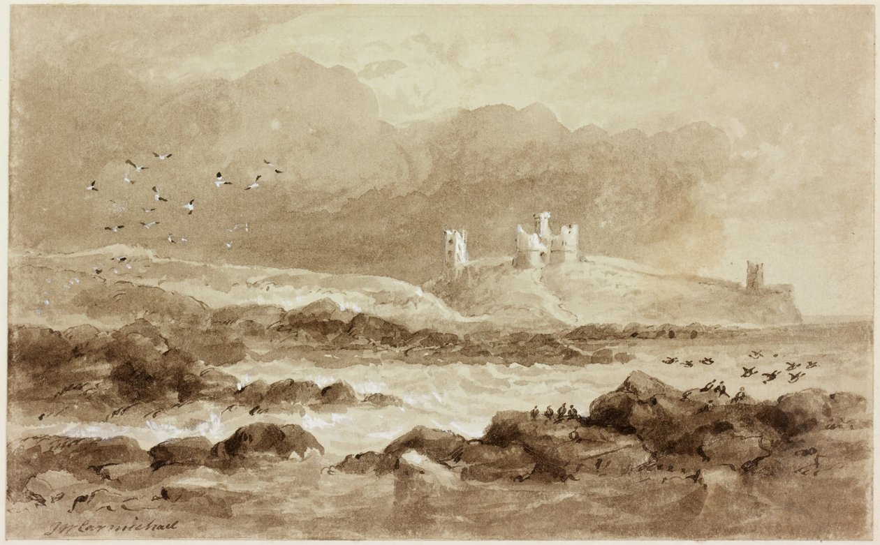 来自南方的Dunstanburgh（纸色上的本色（白色）和墨水（棕褐色）） 作者 约翰·威尔逊·卡迈克尔