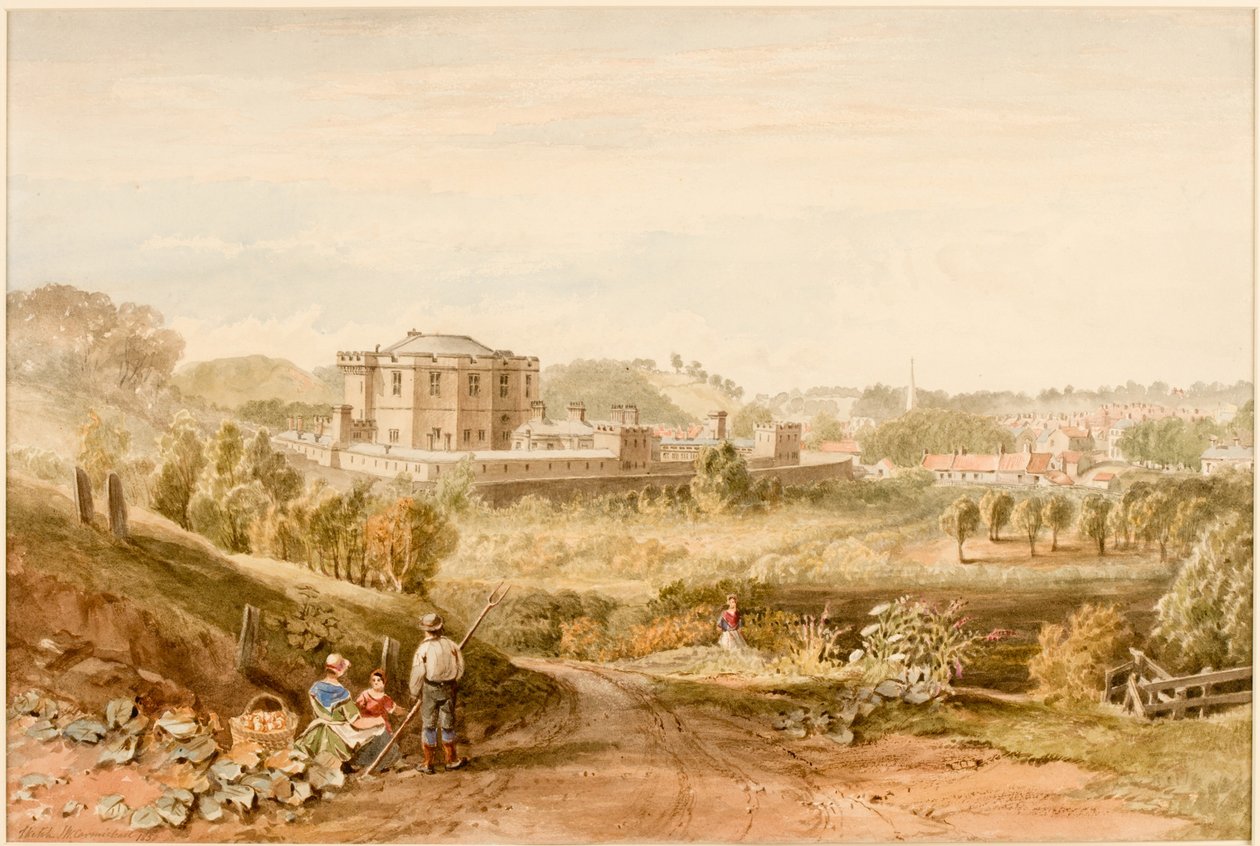 诺森伯兰郡的Morpeth Gaol（纸上的铅笔和水彩画（贴在卡片上）） 作者 约翰·威尔逊·卡迈克尔