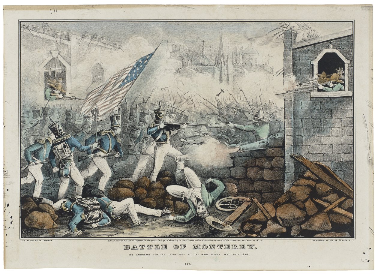 Battle of Monterey on 7 July 1846, litho by Nathaniel Currier (1813-88) 作者 约翰（后）卡梅伦