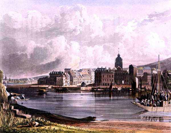 埃尔伯夫，出自《塞纳河上的风景》，由丹尼尔-哈维尔（1785-1826）雕刻，由R-阿克曼（1764-1834）出版，1821年（彩色平印）。 作者 约翰（后）根德尔