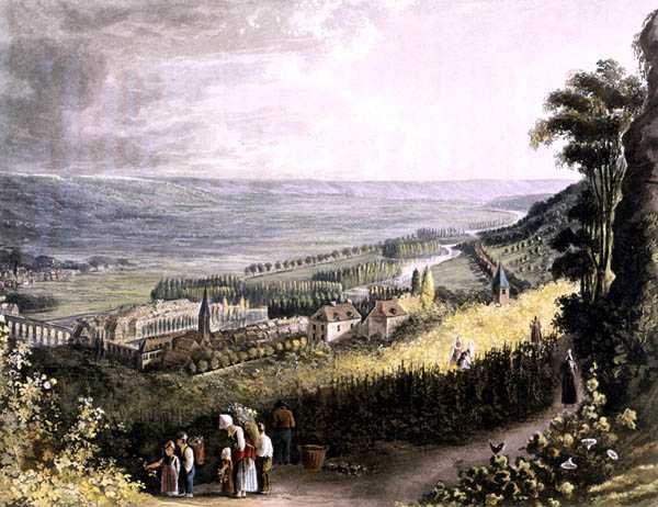 Meulan，出自《塞纳河上的风景》，由托马斯-萨瑟兰（生于1785年）雕刻，由R. Ackermann（1764-1834）出版，1821年（彩色平印）。 作者 约翰（后）根德尔