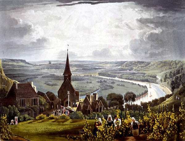 罗布瓦兹，出自《塞纳河上的风景》，由丹尼尔-哈维尔（1785-1826）雕刻，1821年由R. Ackermann出版（彩色平印）。 作者 约翰（后）根德尔