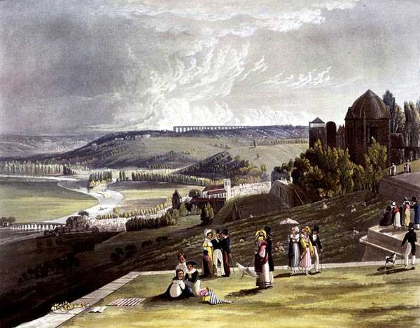 圣日耳曼，出自《塞纳河上的风景》，由丹尼尔-哈维尔（1785-1826）雕刻，由R-阿克曼（1764-1834）出版，1821年（彩色平印）。 作者 约翰（后）根德尔
