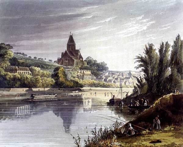 Triel，出自《塞纳河上的风景》，由托马斯-萨瑟兰（生于1785年）雕刻，由R. Ackermann（1764-1834）出版，1821年（彩色平印）。 作者 约翰（后）根德尔