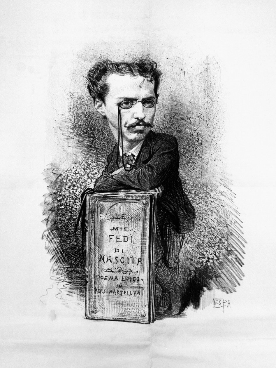 Felice Carlo Emanuele Cavallotti（1842-1898）的漫画肖像，意大利诗人、剧作家、左翼、反无政府主义记者、爱国者和政治领袖，雕刻品 作者 沃尔特·查尔斯·米尔斯