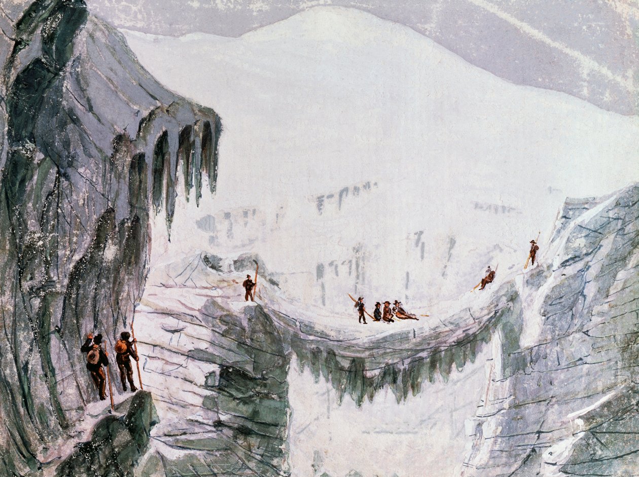 攀登勃朗峰，攀登者悬挂在裂缝中，水彩画，法国 作者 沃尔特·查尔斯·米尔斯