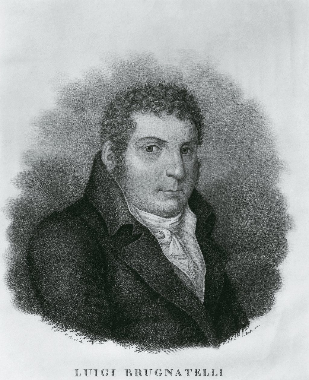 Luigi Valentino Brugnatelli (1761-1818)的肖像，意大利化学家和电镀发明者，Luigi Rados (1773-1840)根据Roberto Focosi (1806-1862)的图画绘制的蚀刻画。 作者 沃尔特·查尔斯·米尔斯