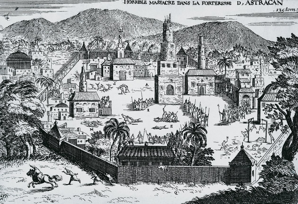 1670年，Stepan Razin领导的哥萨克人进攻俄罗斯阿斯特拉罕要塞。 作者 沃尔特·查尔斯·米尔斯