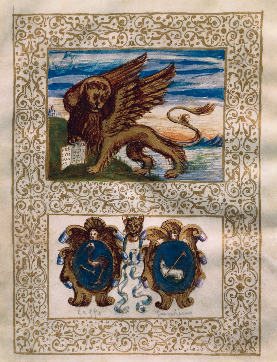 威尼斯的翼狮和莱夫与甘迪诺的盾形纹章，6月18日Privilegio della Serenissima alla Val Gandino的微型画。 作者 沃尔特·查尔斯·米尔斯