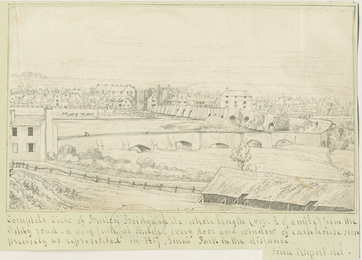 特伦特河畔柏顿桥和镇：钢笔画，1817年 作者 约翰·奥尔波特